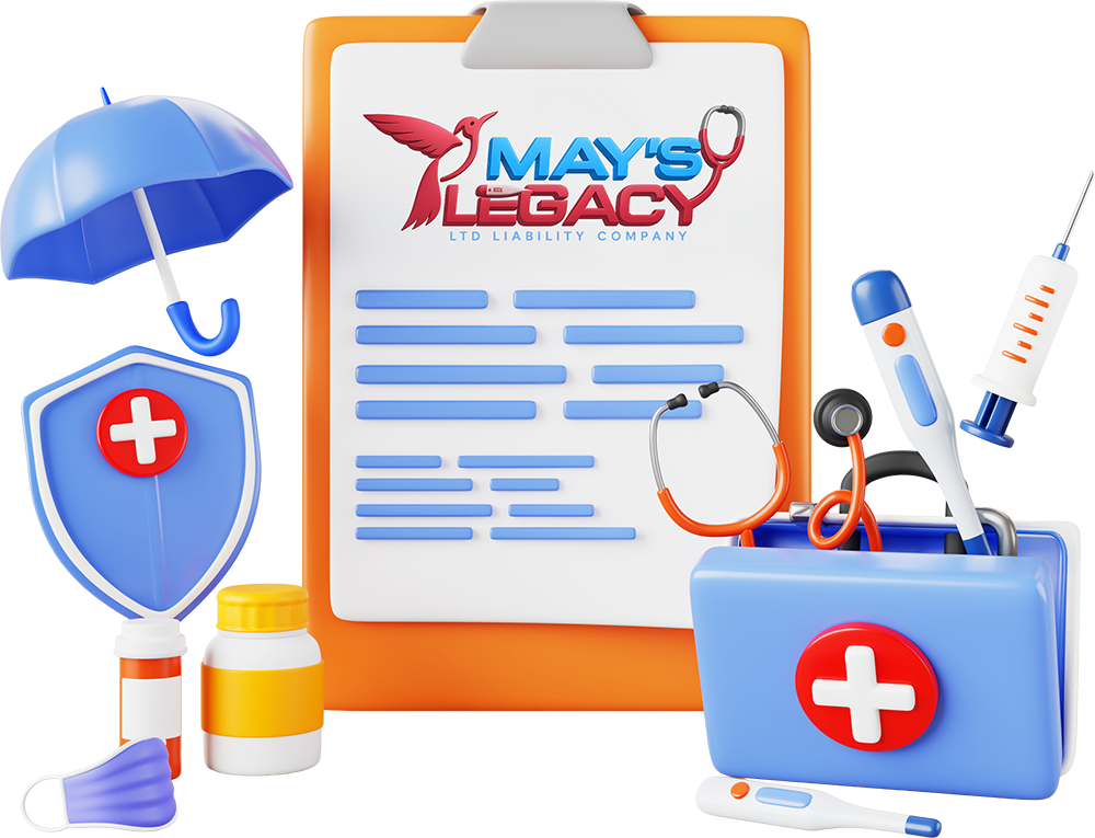 3D medical illustration showing a clipboard with the Mays Legacy logo, surrounded by healthcare items including a stethoscope, medical bag, syringe, thermometer, medicine bottles, shield with a cross, umbrella, and face mask.